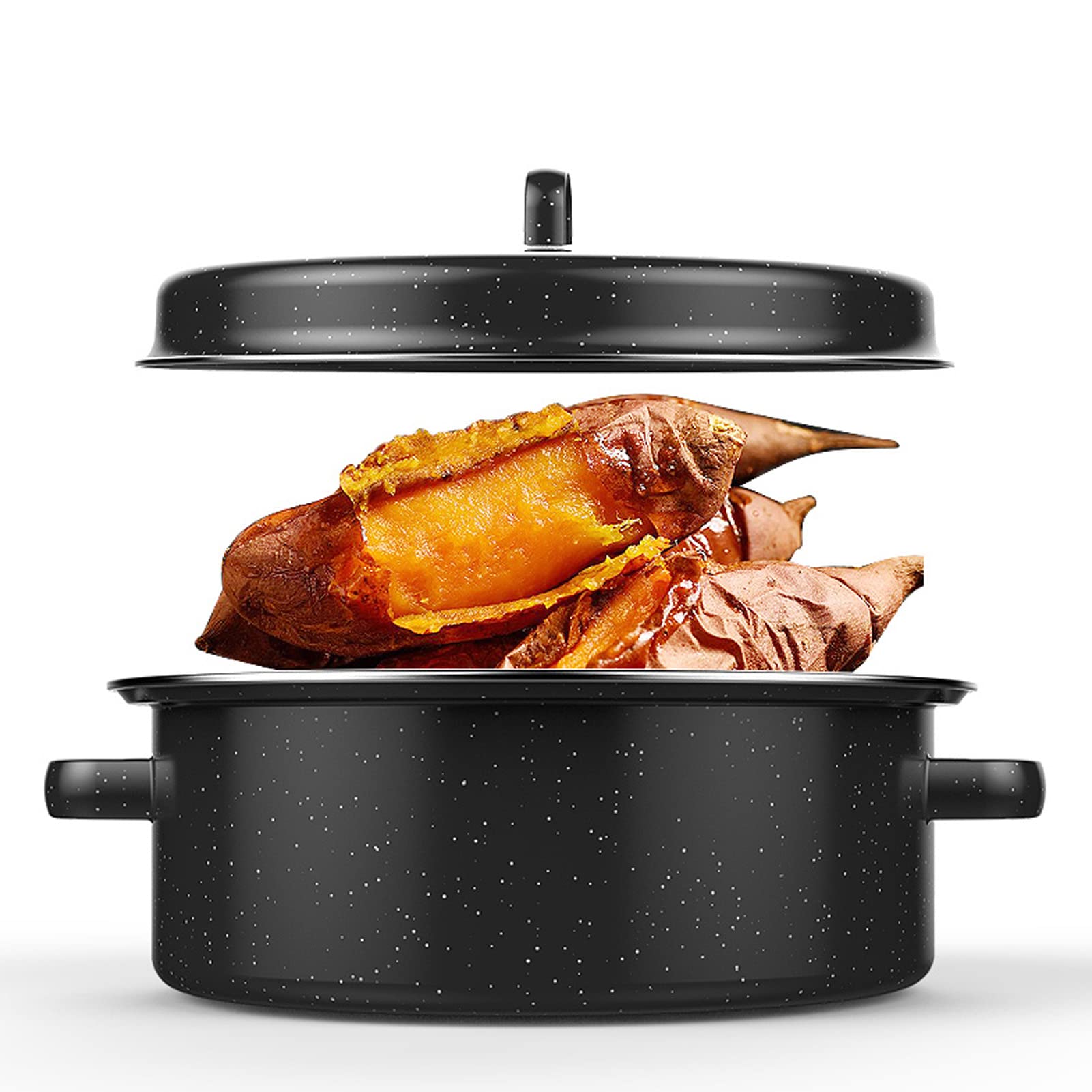 Photo 1 of Roasting Pan Enamel on Steel Black Round Roasting Pan with Domed Lid and Shelf, Round Roaster Pot for Roasted Sweet Potatoes Chestnuts Small Chickens Turkey Roast Baking Pan (a)