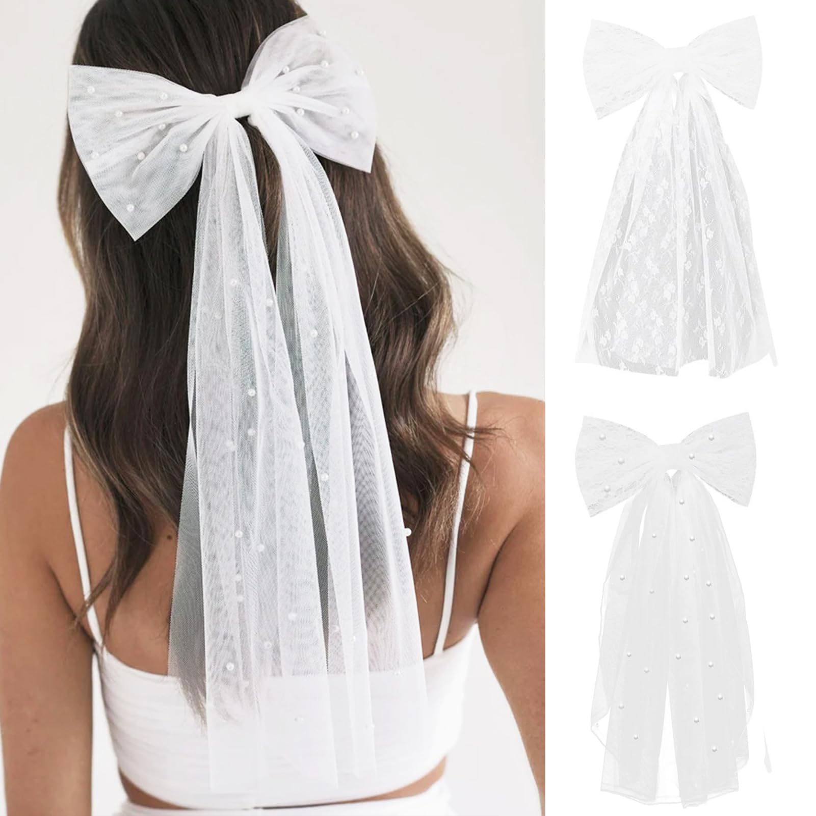 YONEEKSS 2 PCS Big Bow Hair Clips, Large Bowknot Lace Hair Barrettes with Pearl, French Vintage White Veil Barrette for Bride to Be Bachelorette Party Bridesmaid Accessories for Girls Women