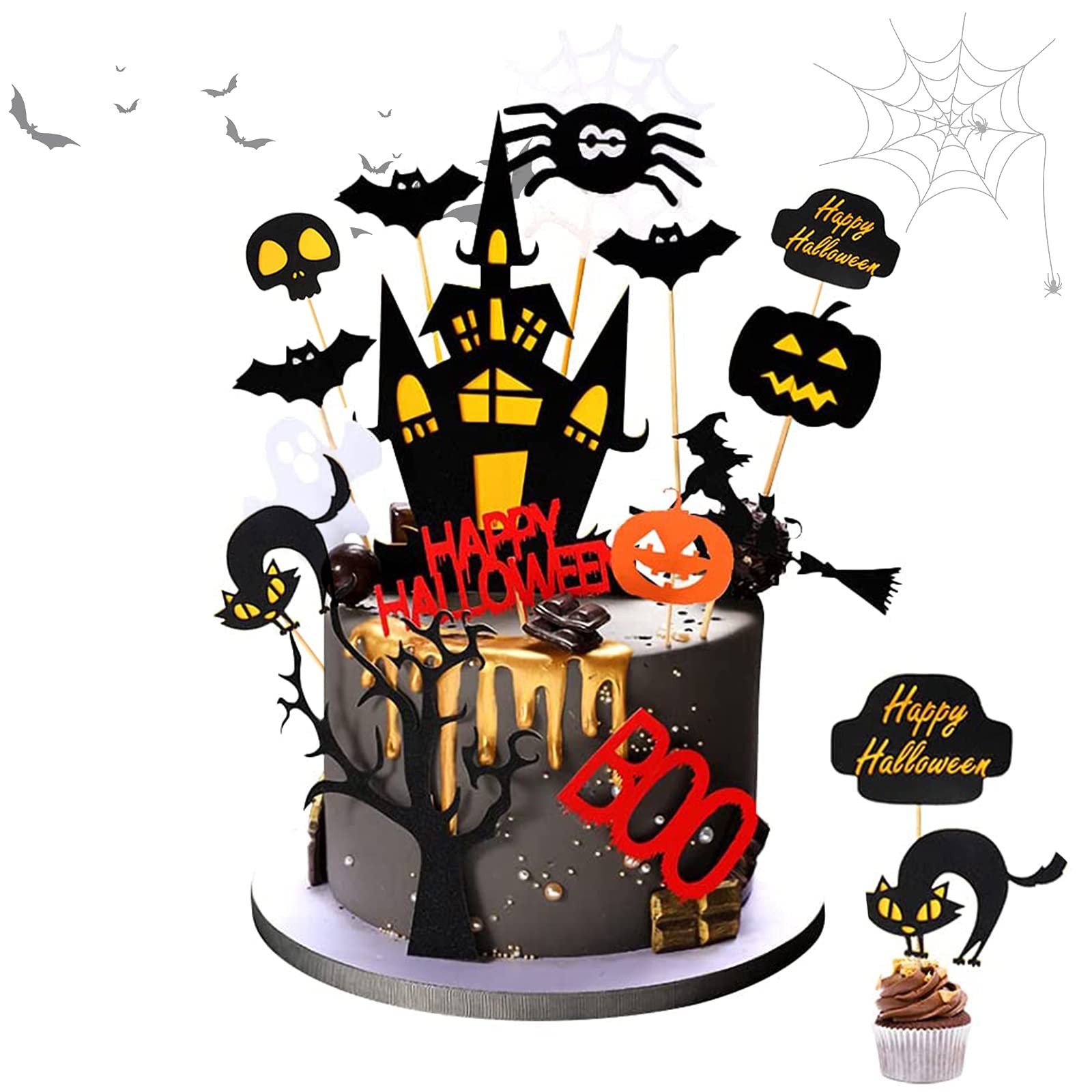 Pack of 15 Halloween Cupcake Toppers, Cake Decoration, Halloween Cake Decoration, Halloween Picks, Halloween Paper Cupcake Topper, Picks Spiders Cake Decoration for Happy Halloween Party