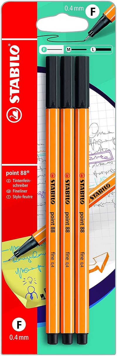 STABILO point 88 Fineliner Pack of 3 Black 0.4 mm Hexagonal Design
