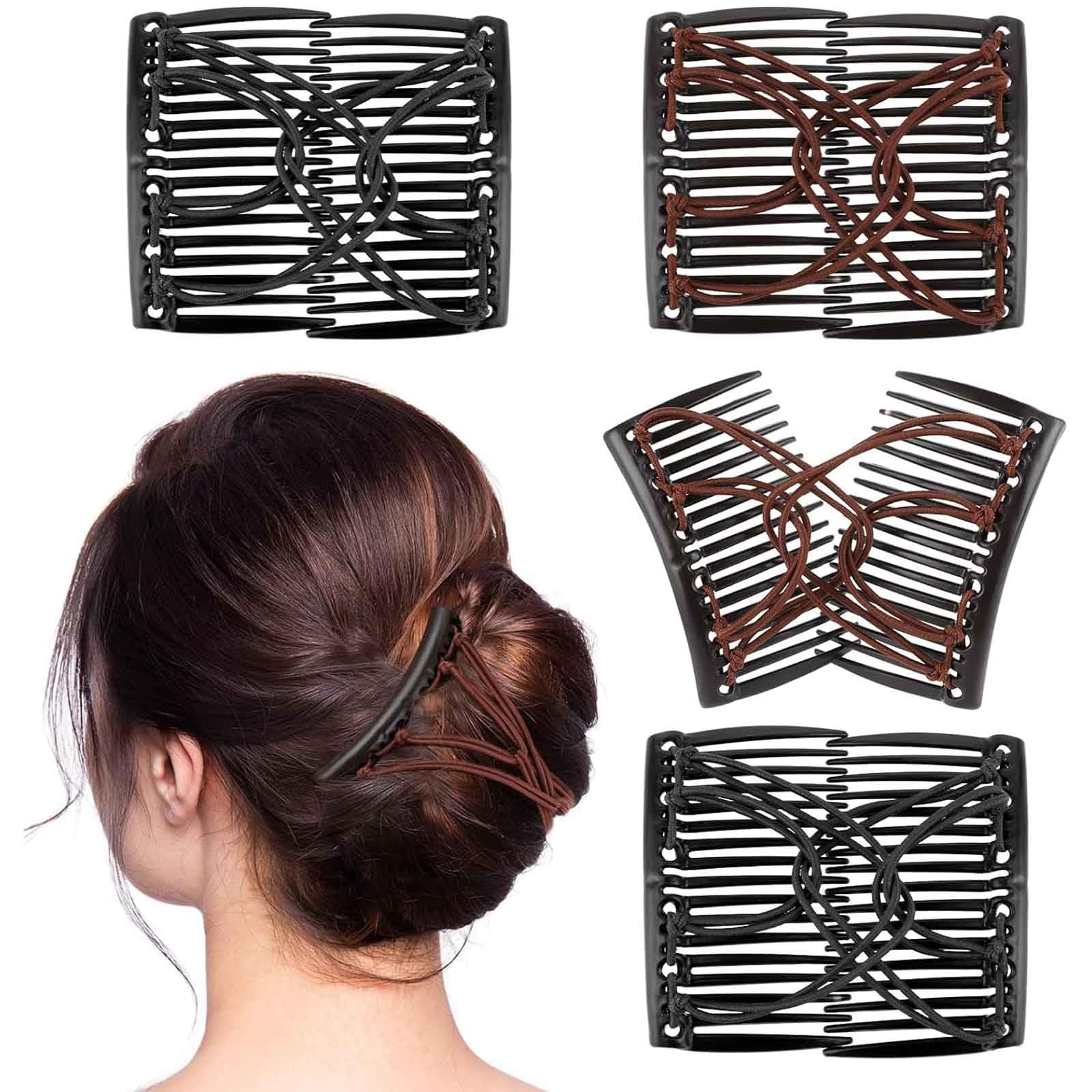 4 Pieces Hair Combs for Women Accessories, Elastic Hair Clip Combs Bandette Comb with Elastic Band Double Comb Hair Clip Hair Styling Tool for Women Thick Curly Thin Hair (Black, Brown)