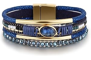 Edoneery Leather Wrap Bracelet for Women, Boho Handmade Multi-Layer Cuff with Crystal Beads Heart, Stackable Bangle Western Jewelry Gift