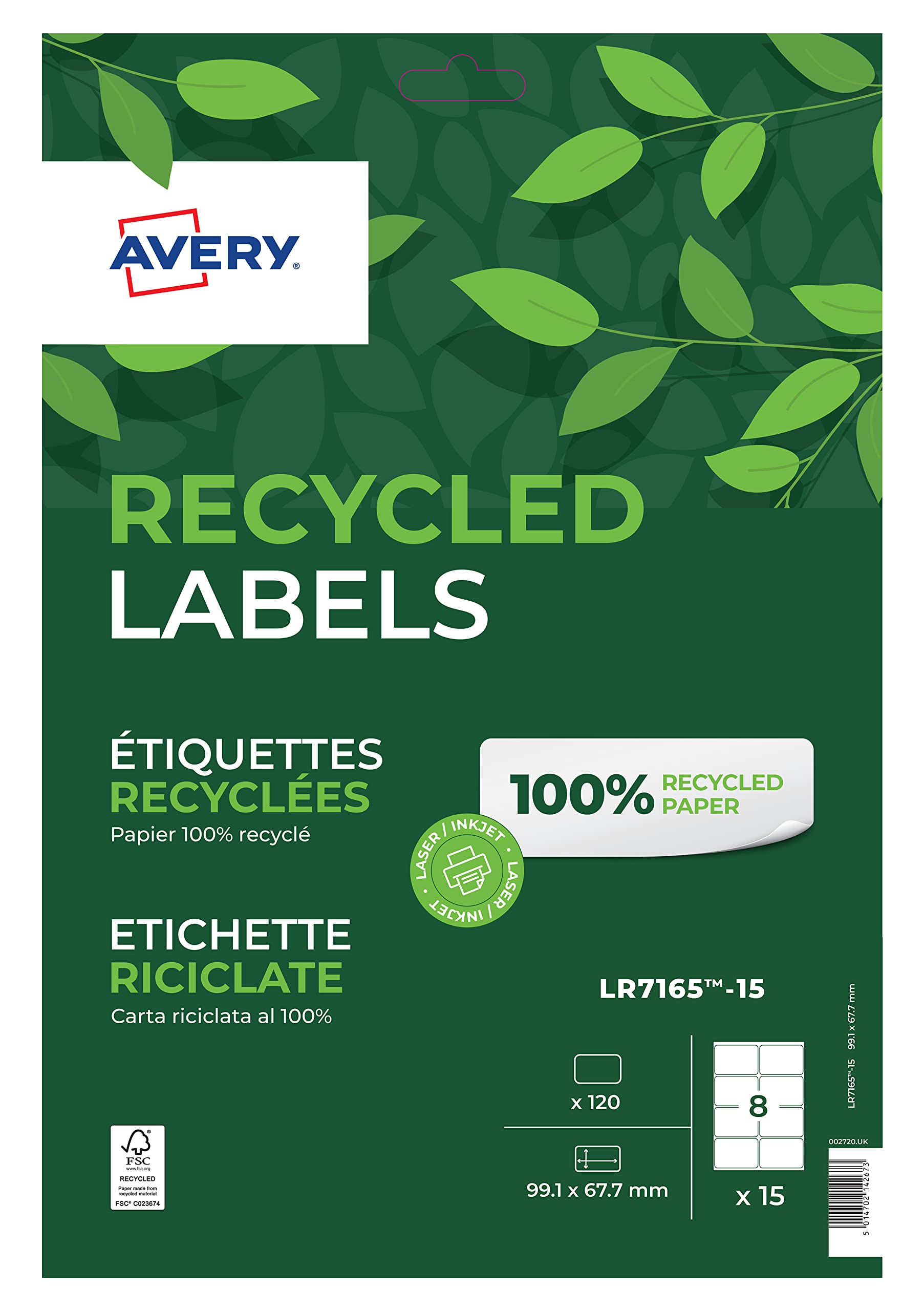 Avery Recycled Parcel Labels 8 Per Sheet White (Pack of 120) LR7165-15