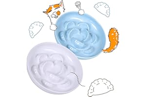 FULLCHARM 2 Pcs Cat Slow Feeder Bowl Set - Unbreakable Melamine Puzzle cat Bowl for Slow Eating - Cat Dish for Wet & Dry Food- Whisker Friendly & Dishwasher Safe & Non Slip Design - 6.3 x 6.3 '' (Blue+White)