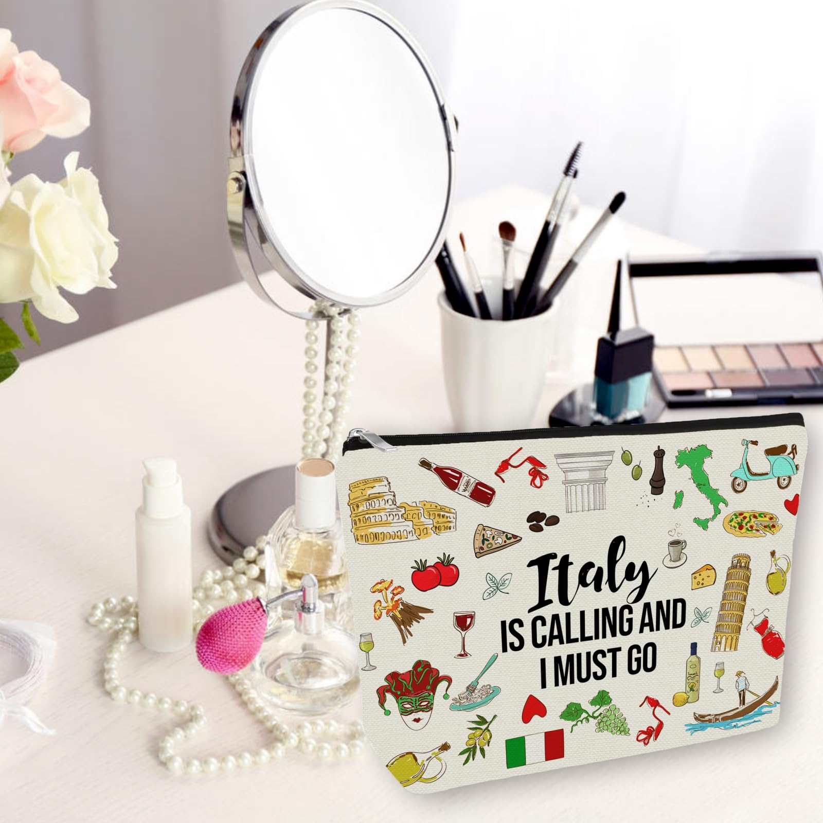 Girlly Italy Travel Essentials Gift: Small Makeup Bag Italy Is Calling And I Must Go For Teen Girl & Women Travellers.Ideal Trip Gift Cosmetic Bag For Travel, Birthdays, & Christmas