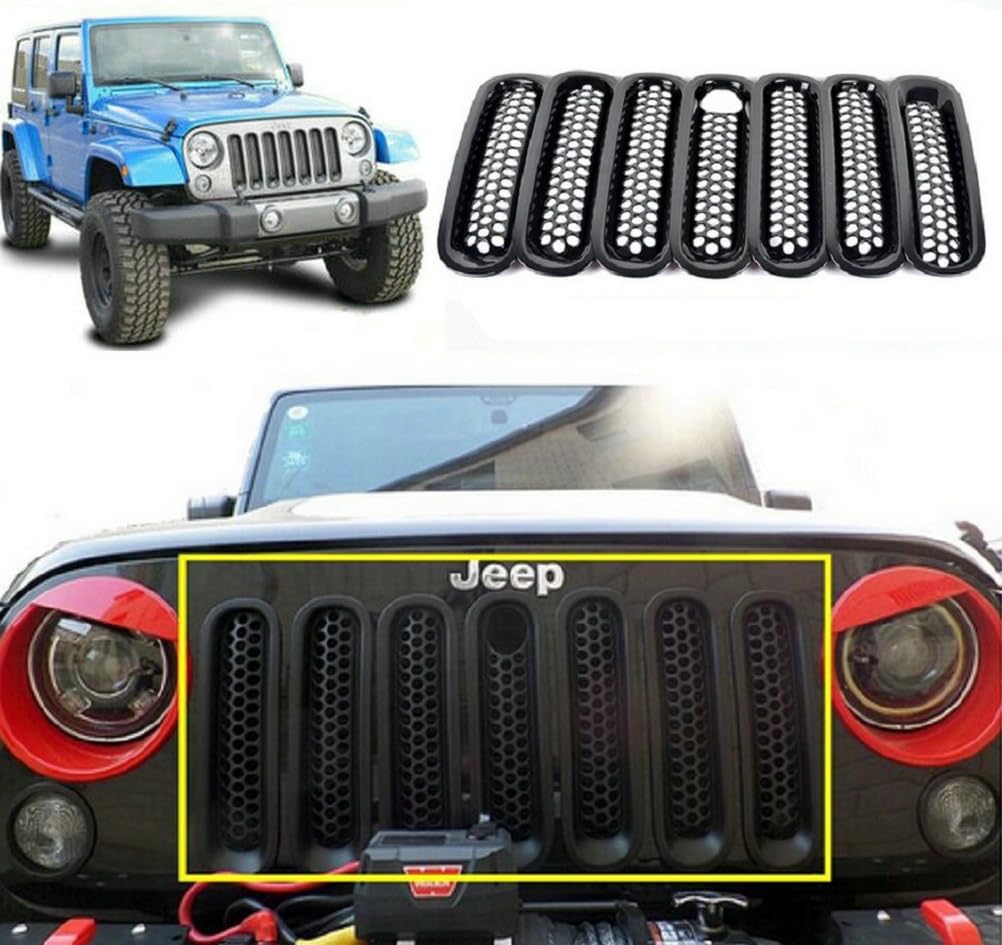 Danti 7PC Black Front Grill Mesh Grille Insert Kit with Key Hole for Jeep Wrangler JK JKU Sports