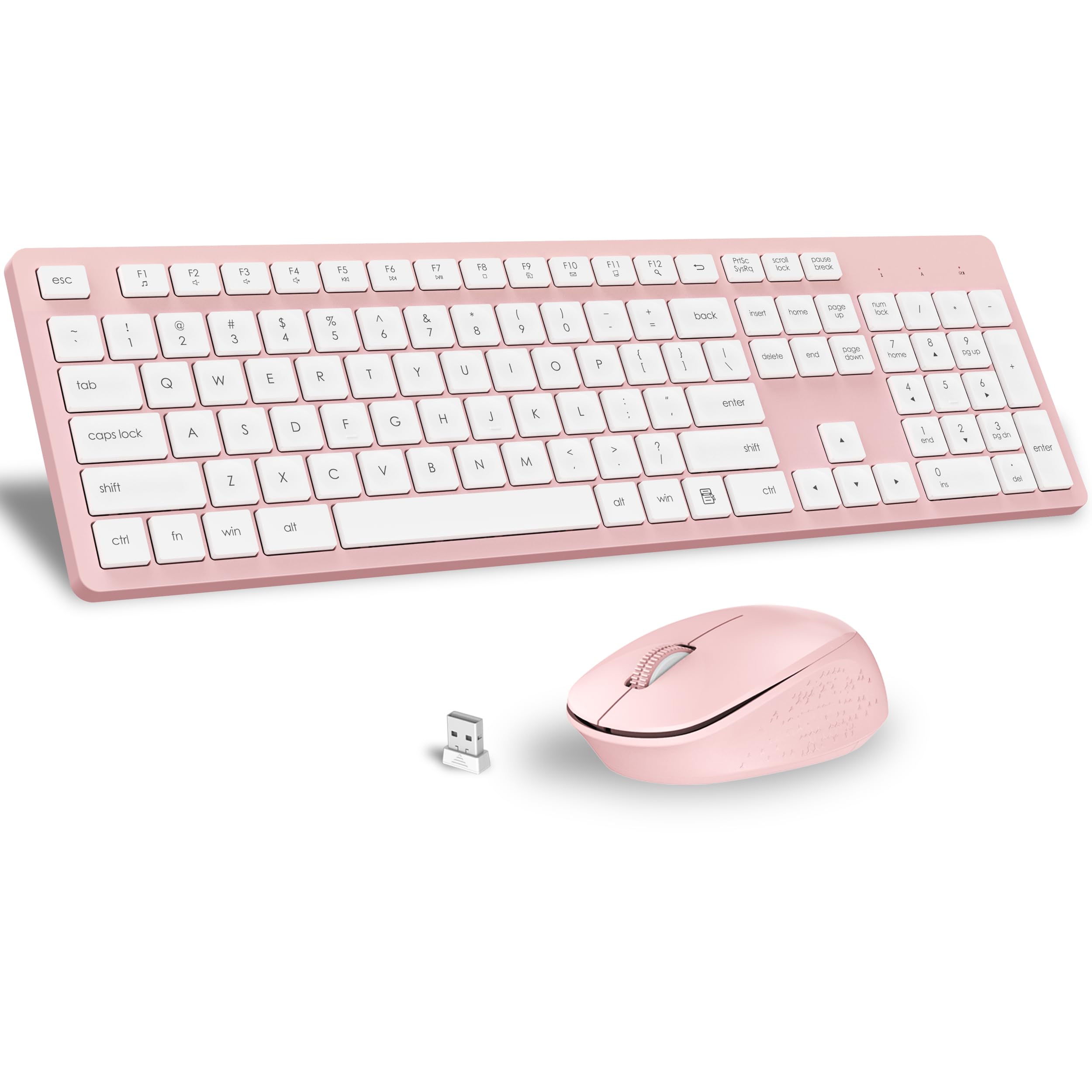Photo 1 of LeadsaiL Pink Wireless Keyboard and Mouse Combo, Full-Sized Ergonomic Computer Keyboard, 2.4GHz Cordless Keyboard Silent Mouse Set with 2-in-1 USB Receiver, 12 FN Shortcuts for Windows Laptop, PC/Mac