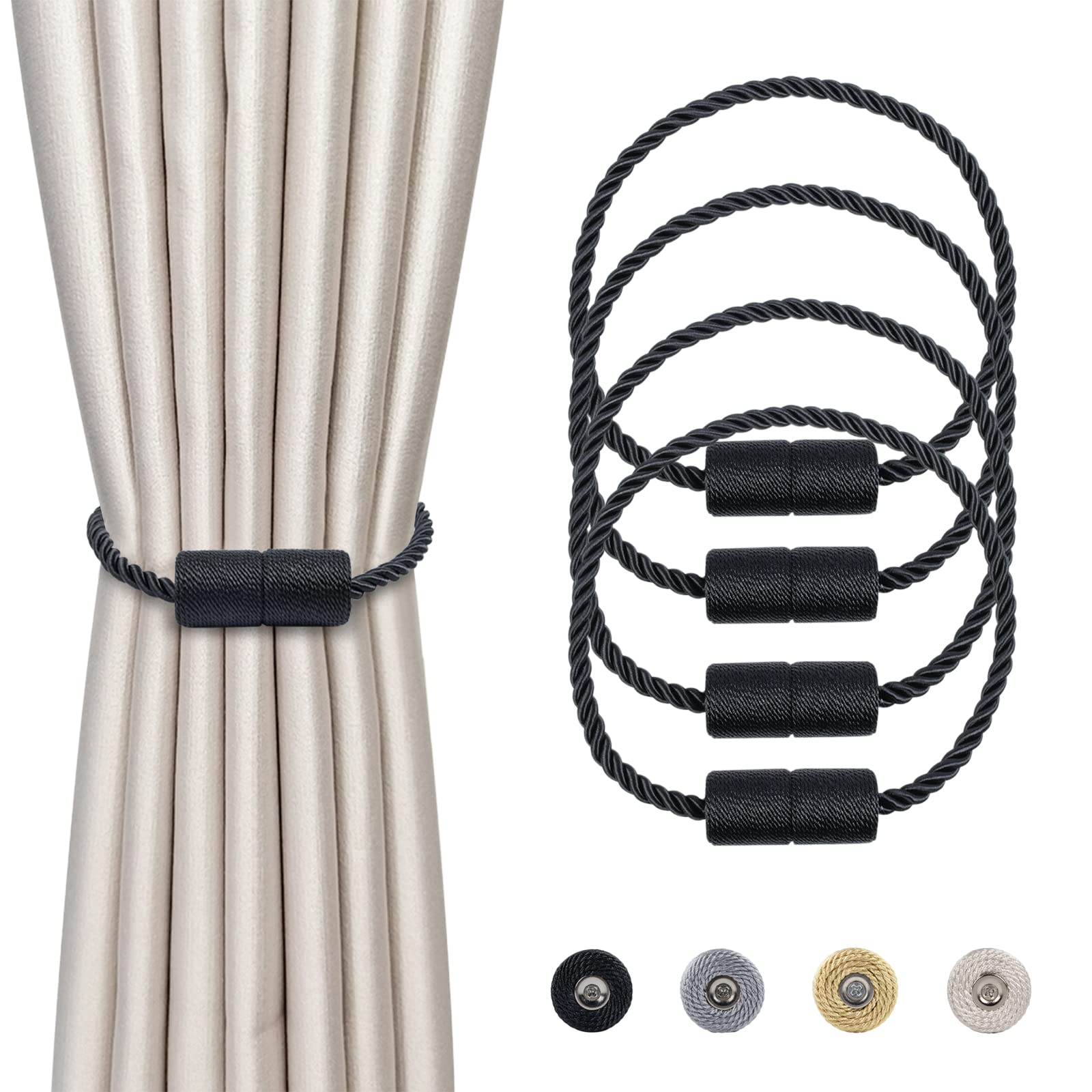 Dalababa 4 Pieces Magnetic Curtain Tiebacks Clips Curtain Buckle, 41.5 cm Decorative Curtain Braided Rope, Magnetic Curtain Holdbacks Curtain Holder - Curtain Accessory for Home Decoration - Black