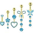 BSJ4U Belly Button Ring Dangle Navel Belly Piercing Jewelry Cute Pink CZ Heart Butterfly Bow Flower Navel Belly Rings for Women 14G Silver Stainless Steel Dainty Dangly Dangling Belly Button Piercing