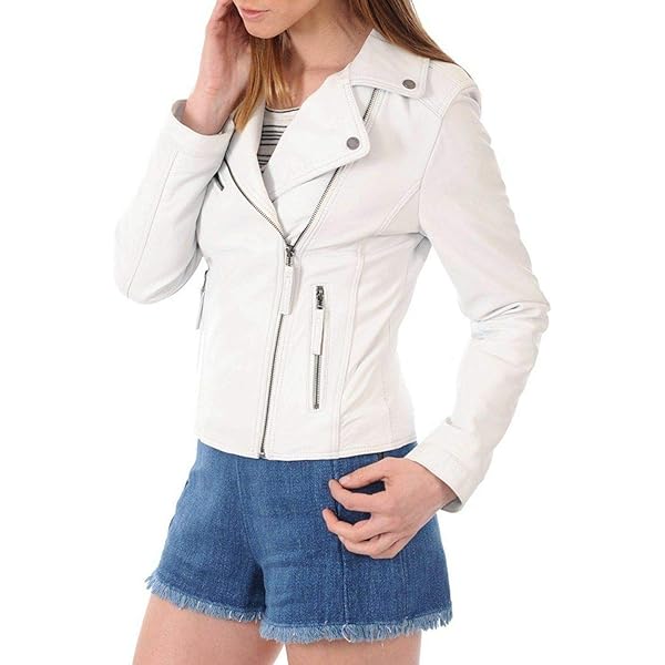 Women's White Real Leather Moto Jacket, Asymmetric Zipper, 24 in