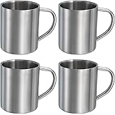 uxcell 4Pcs Metal Coffee Mugs, 10 Ounces Metal Double Walled Mugs with Handles (Silver)