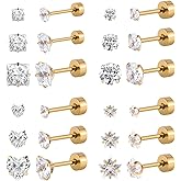JMTOBETOP 12 Pairs Surgical Stainless Steel Screw back Stud Earrings Star Heart Square Princess Cut Round Cubic Zirconia CZ Stud Earrings Set