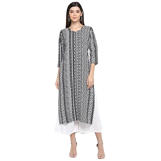 Womens Grey Color Crepe Printed Straight Calf Length Kurti