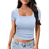 WAYMAKER Women's Casual Short Sleeve Square Neck Summer Tops Ribbed Knit Slim Fit Tee Shirts