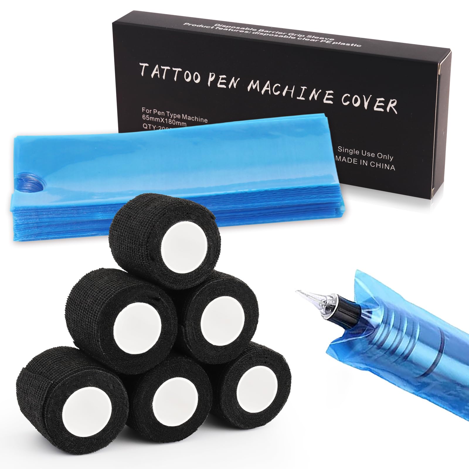 Rayyl Grip Tape and Pen Bags - 6 Rolls Grip Tape and 200 Pieces Pen Covers for Tattoo Machine Supplies Kit — image 1