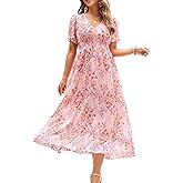 Women's Floral Maxi Dress Flowy V Neck Empire Waist Summer Wedding Guest Party Casual Chiffon Dress