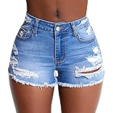 Tunlaud Women's Stretch Ripped Denim Shorts Mid Waist Casual Frayed Raw Hem Distressed Jean Shorts
