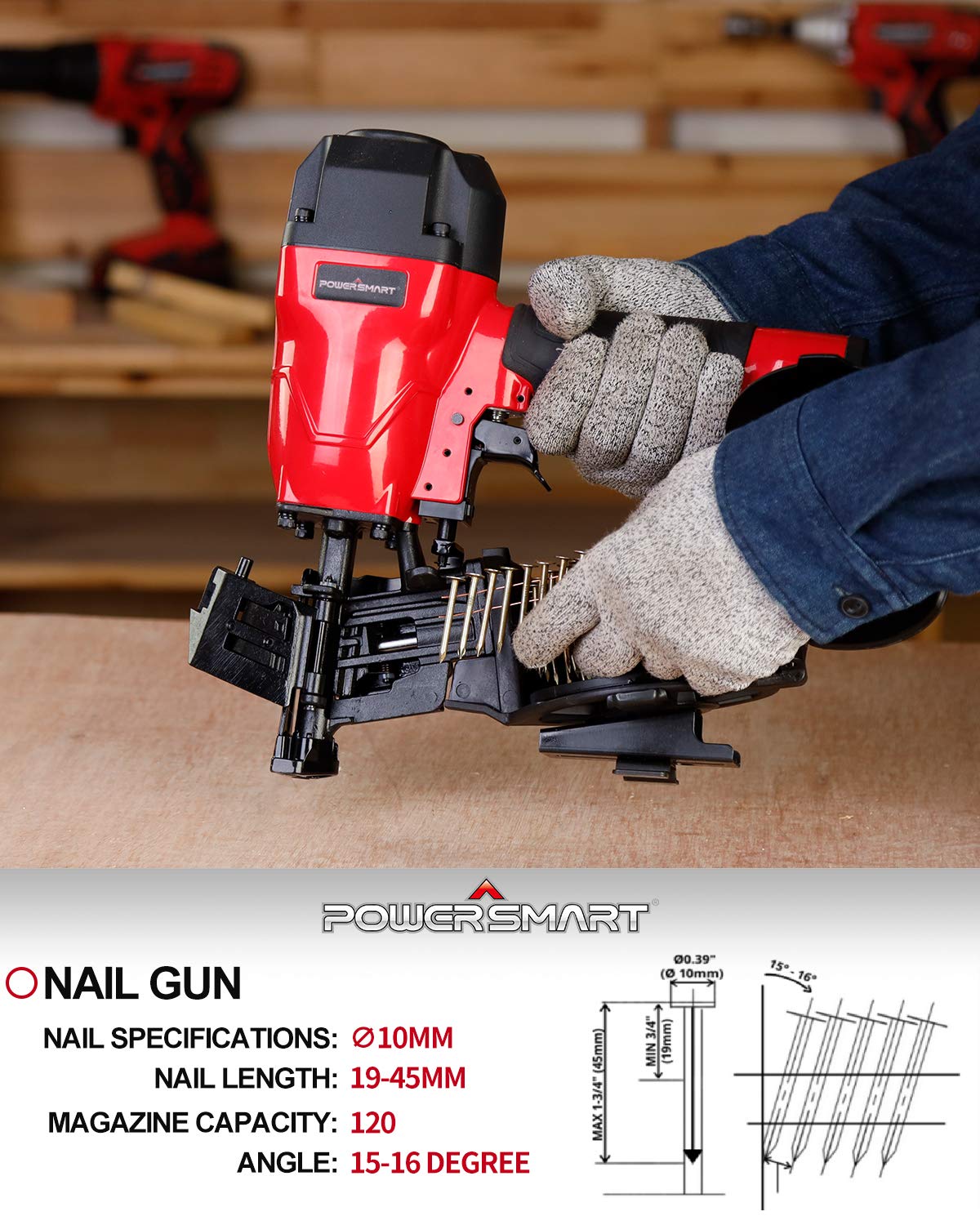 Powersmart Roofing Nailer, pistola de clavos para techos de 15 grados con gafas de seguridad, uñas de la bobina de 3/4 de pulgada a 1-3/4 pulgadas, kit de uñas de la bobina de capacidad de carga de 120 pcs con 240 clavijas Powersmart Roofing Nailer, pistola de clavos para techos de 15 grados con gafas de seguridad, uñas de la bobina de 3/4 de pulgada a 1-3/4 pulgadas, kit de uñas de la bobina de capacidad de carga de 120 pcs con 240 clavijas