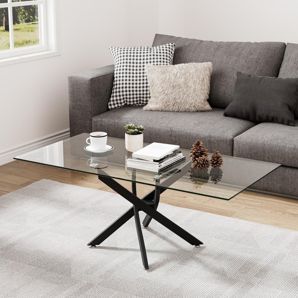 NIERN Faux Marble Coffee Table, Rectangle Modern Style Sintered Stone Living Room Table with Metal L