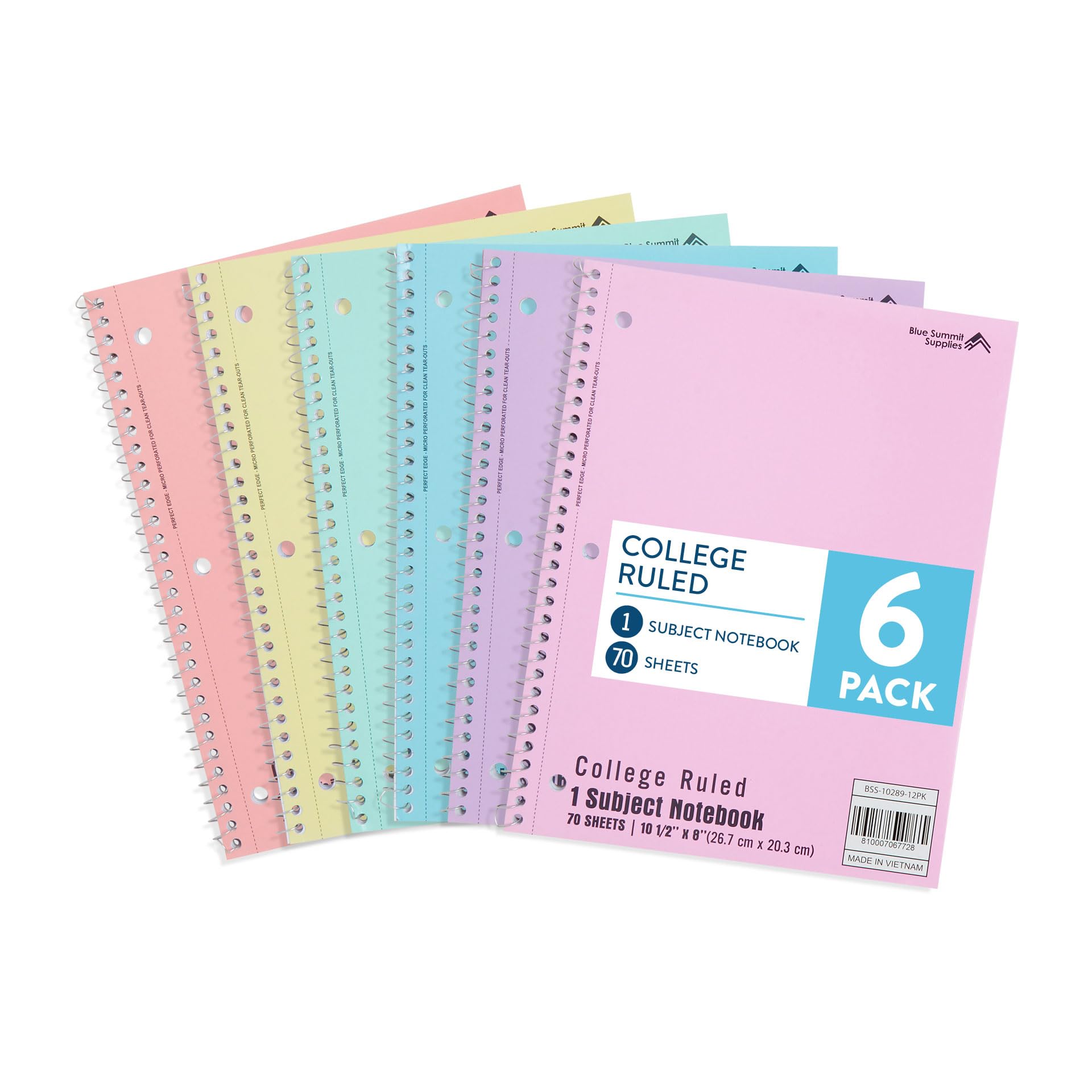 Photo 1 of Blue Summit Pastel Spiral Notebook College Ruled, One Subject School Notebooks Spiral, Perforated Notebooks Bulk, 8 x 10.5 School Book, Paper, College Ruled, 6 Pack