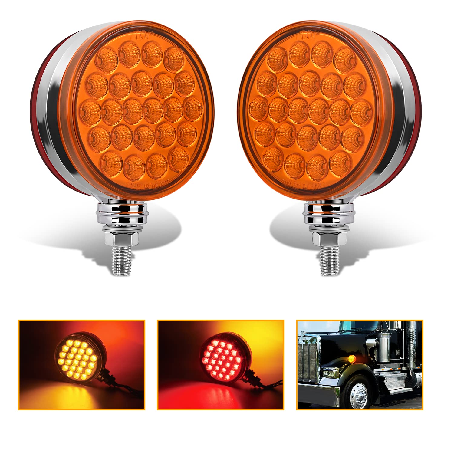Photo 1 of Nilight Round Double Face Fender Pedestal Light 2PCS 48LED Amber Red Brake Turn Marker Tail Lights w/Stud Mount for Mack Kenworth Freightliner Truck Trailer Towing