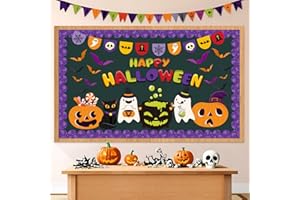 GEWUJATOP Halloween Bulletin Board Decoration Set,Happy Halloween Bulletin Board Decor with 3D Bat,Pumpkin Ghost Black Cat Paper Cutouts for Classroom,School Classroom Supplies