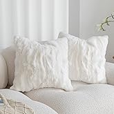 ROSE FEATHER Genuine Rabbit Fur Throw Pillow Covers Set of 2,Luxury Decorative Pillowcases Soft Fluffy Animal Skin Accents Square Cushion Cover for Couch Sofa Bedroom Living Room Home,18x18 inch,White