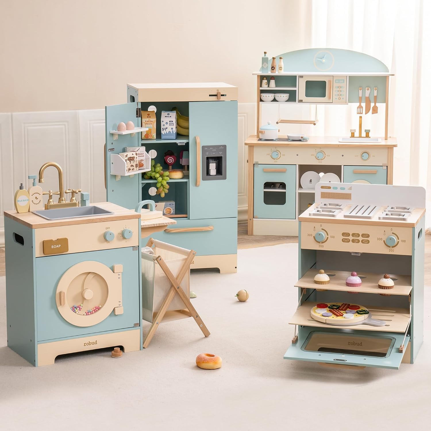 Photo 1 of **INCOMPLETE SET FRIDGE ONLY** ROBOTIME Wooden Play Kitchen, Toddler Kitchen Playset with Oven, Fridge & Washing Machine, Kids Kitchen Playset Gift for 3+ Year Old Boys & Girls