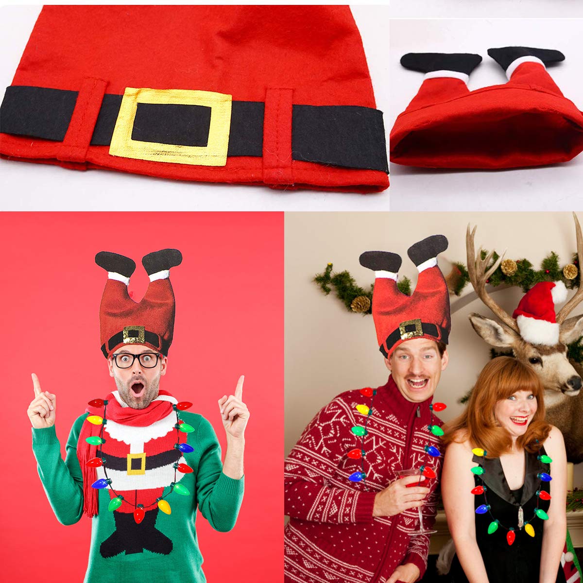 2 Pieces Ugly Sweater Christmas Party Kit, Includes Red Santa Hat and LED Christmas Bulb Necklace for Ugly Sweater Christmas Xmas Holiday Party