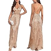 Women's V Neck Spaghetti Straps Sequin Sparkly Glitter Irregular Hem Prom Dress Backless Maxi Evening Gowns
