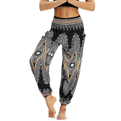 Nuofengkudu Damen Hippie Haremshose Capri Thai Hose Leichte mit Taschen Dünn Boho Ethno Blumenmuster Muster Strand Sommerhose