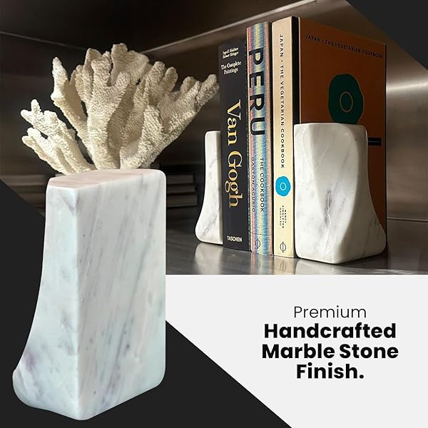 USIA WHITE MARBLE BOOKENDS – HEAVY DUTY 9.8 LBS STONE BOOK ENDS FOR SHELVES, MODERN DECORATIVE BOOK HOLDER SET OF 2 – PREMIUM HANDMADE MARBLE BOOK ENDS FOR OFFICE, LIBRARY, OR HOME DECOR
