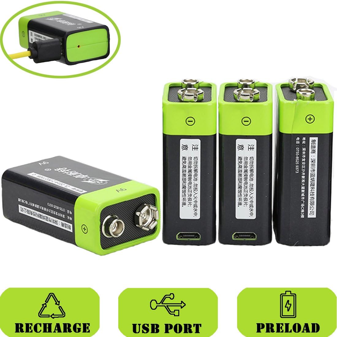 SOEKAVIA 9V Battery Rechargeable Lithium 400mAh, USB Charged, Overcharge Protection, with USB Cable /4Pcs