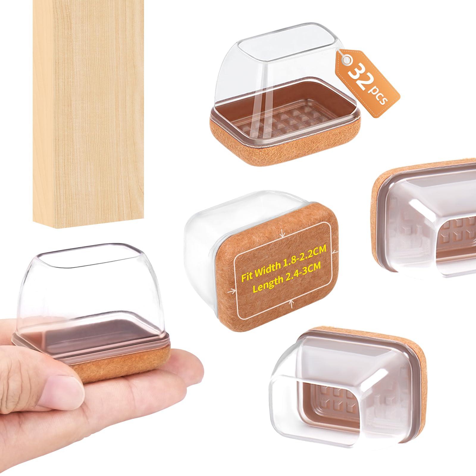 32PCS Chair Leg Floor Protectors, Rectangle Chair Leg Protection Caps, Small Clear Silicone Chair Leg Covers with Light Brown Felt Pads for Hardwood Floors, No Noise No Scratches