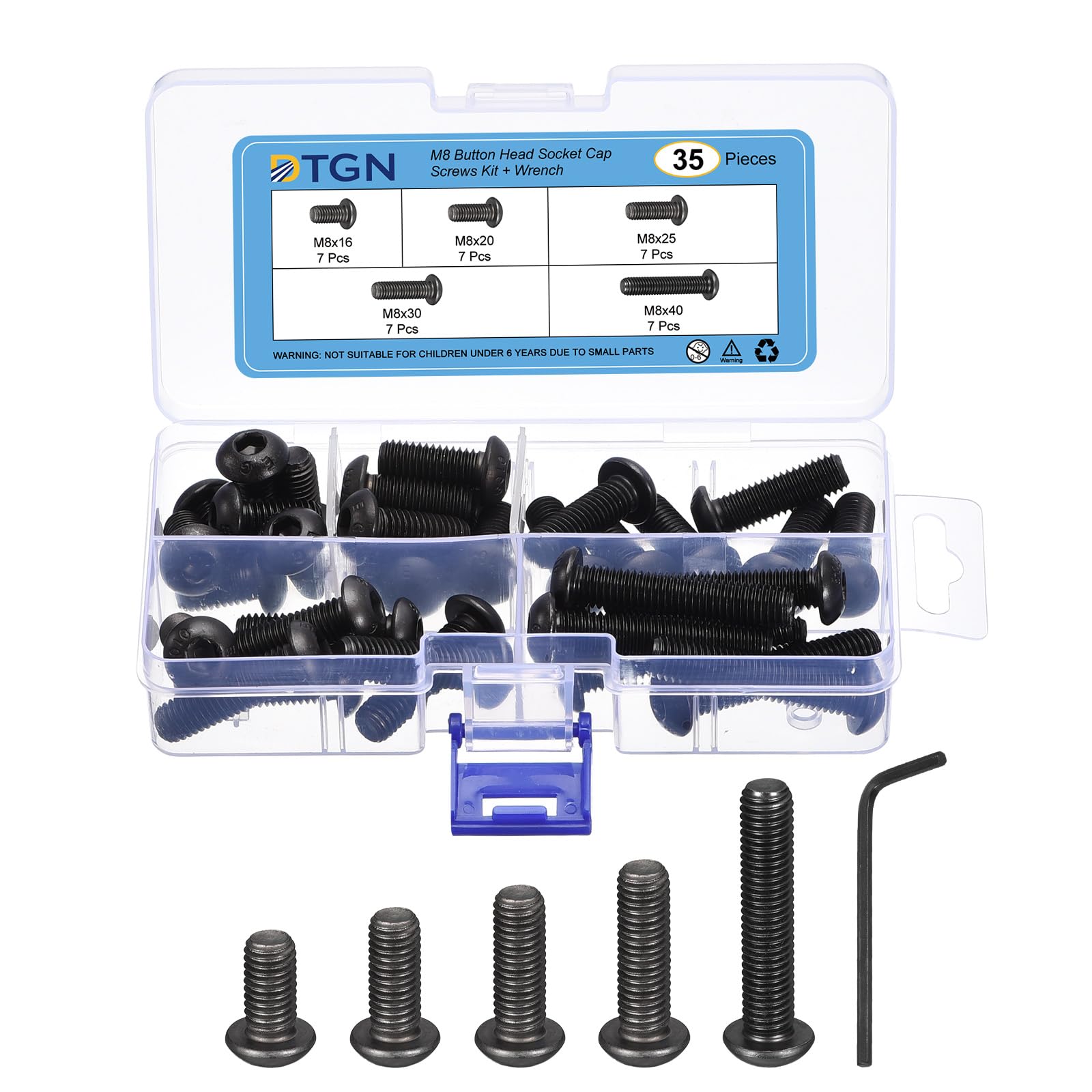 DTGN 35Pcs M8(D) Button Head Socket Cap Screws Kit, 16/20/25/30/40mm(L) Carbon Steel Black Oxide Full Thread Hex Socket Cap Screw Assortment with S5 Wrench - Good for Machine