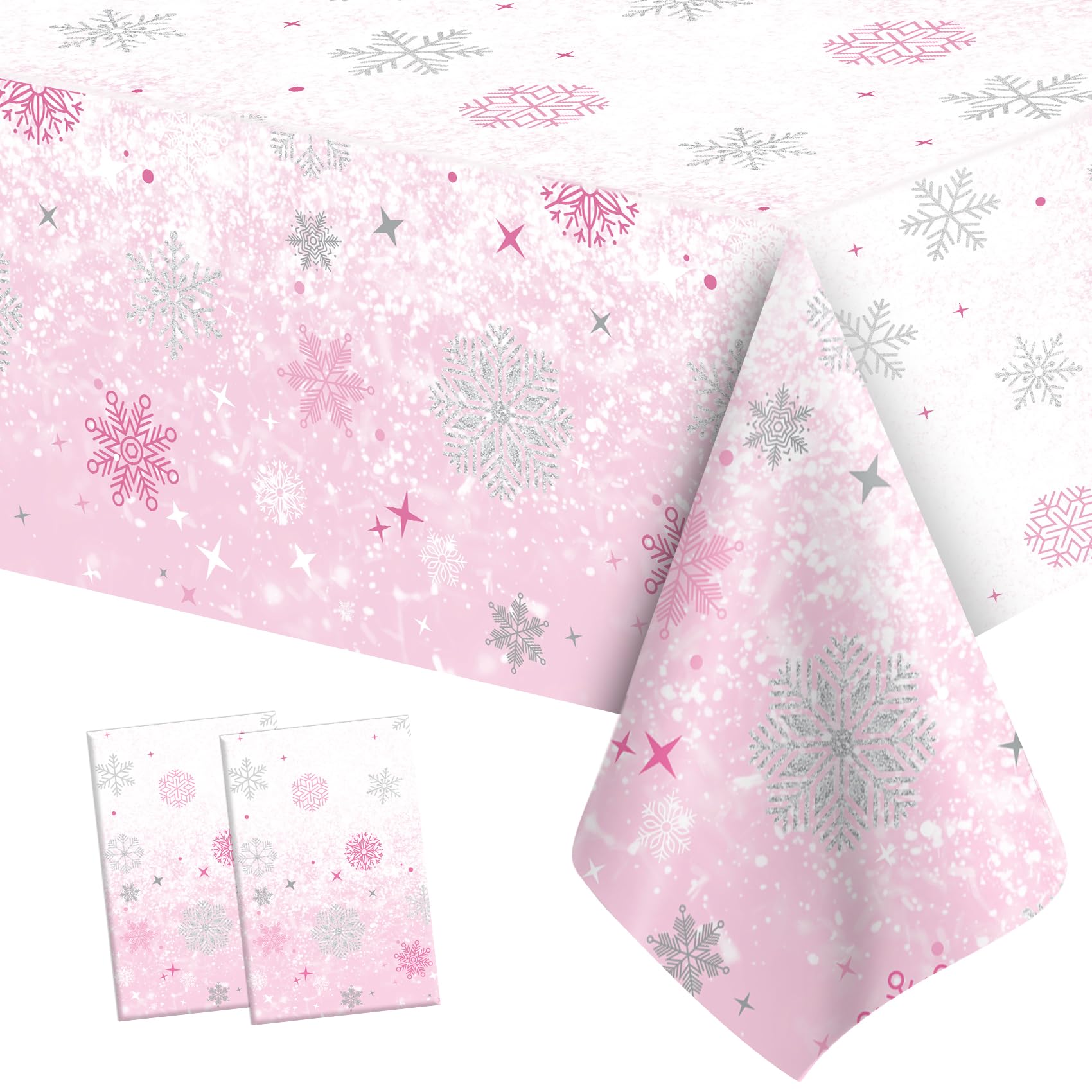 Photo 1 of 2 PCS Pink Plastic Snowflake Tablecloth(54x108 Inch) Frozen Birthday Winter Wonderland Decorations Disposable Table Cover Tablecloths for Christmas Holiday New Year Party Favors Supplies Decor