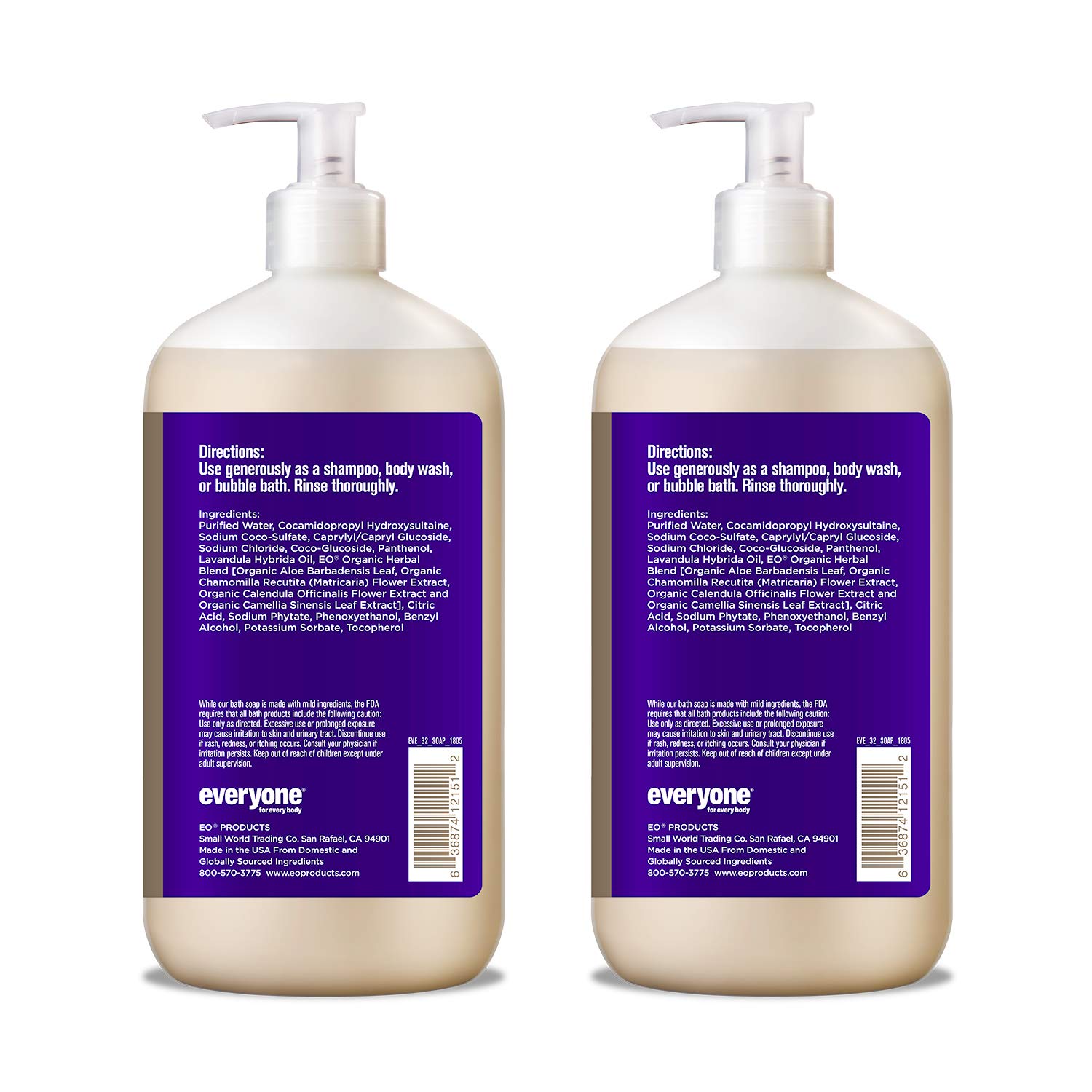 Everyone 3-in-1 Soap: Shampoo, Body Wash, and Bubble Bath, Lavender and Aloe, 32 Ounce, 2 Count : Beauty