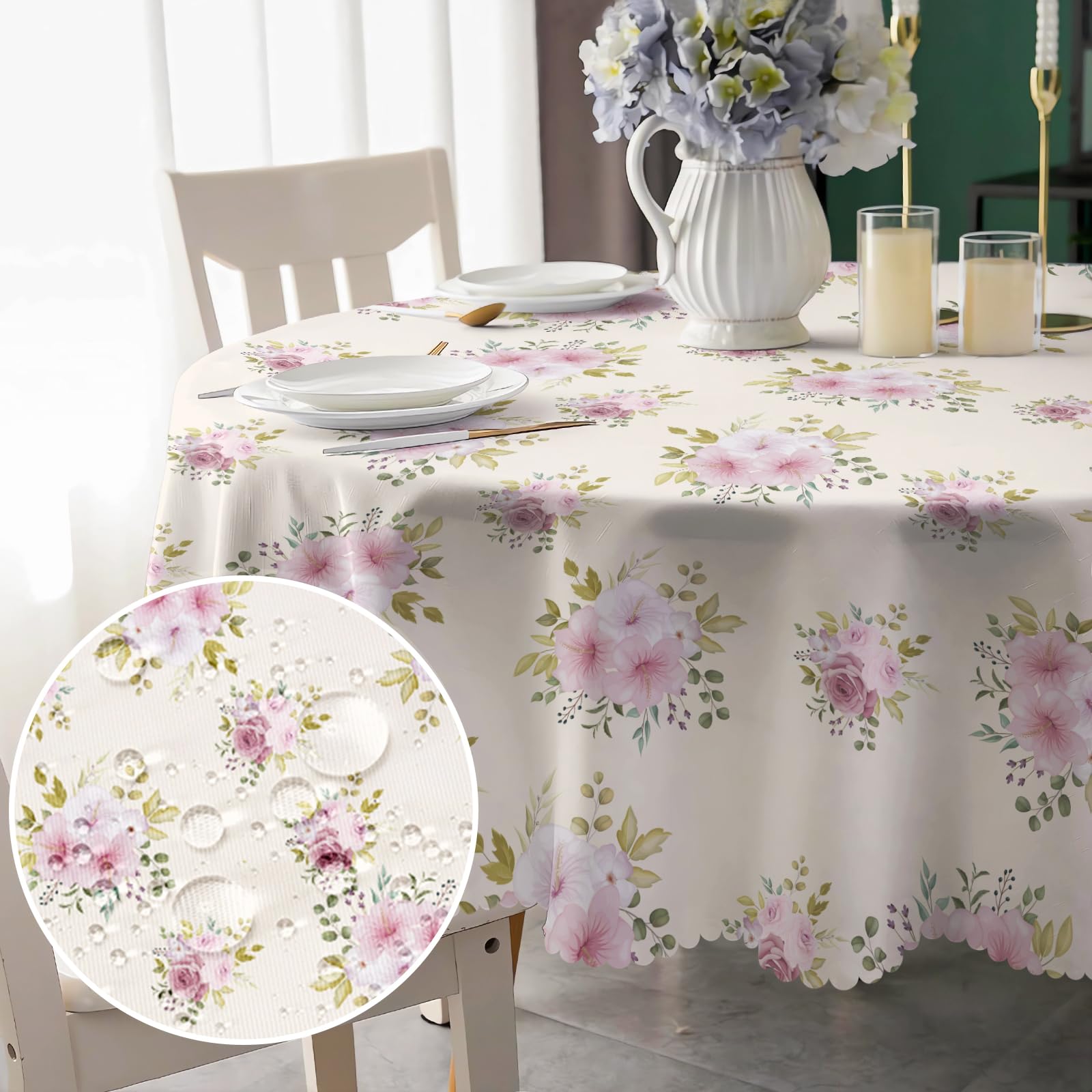 Round Tablecloth 150cm Wipeable, Waterproof Pink Floral Polyester Tablecloths, Table Cloth Wrinkle Resistant Table Cover for Home Dinner Kitchen Party Picnic Outdoor