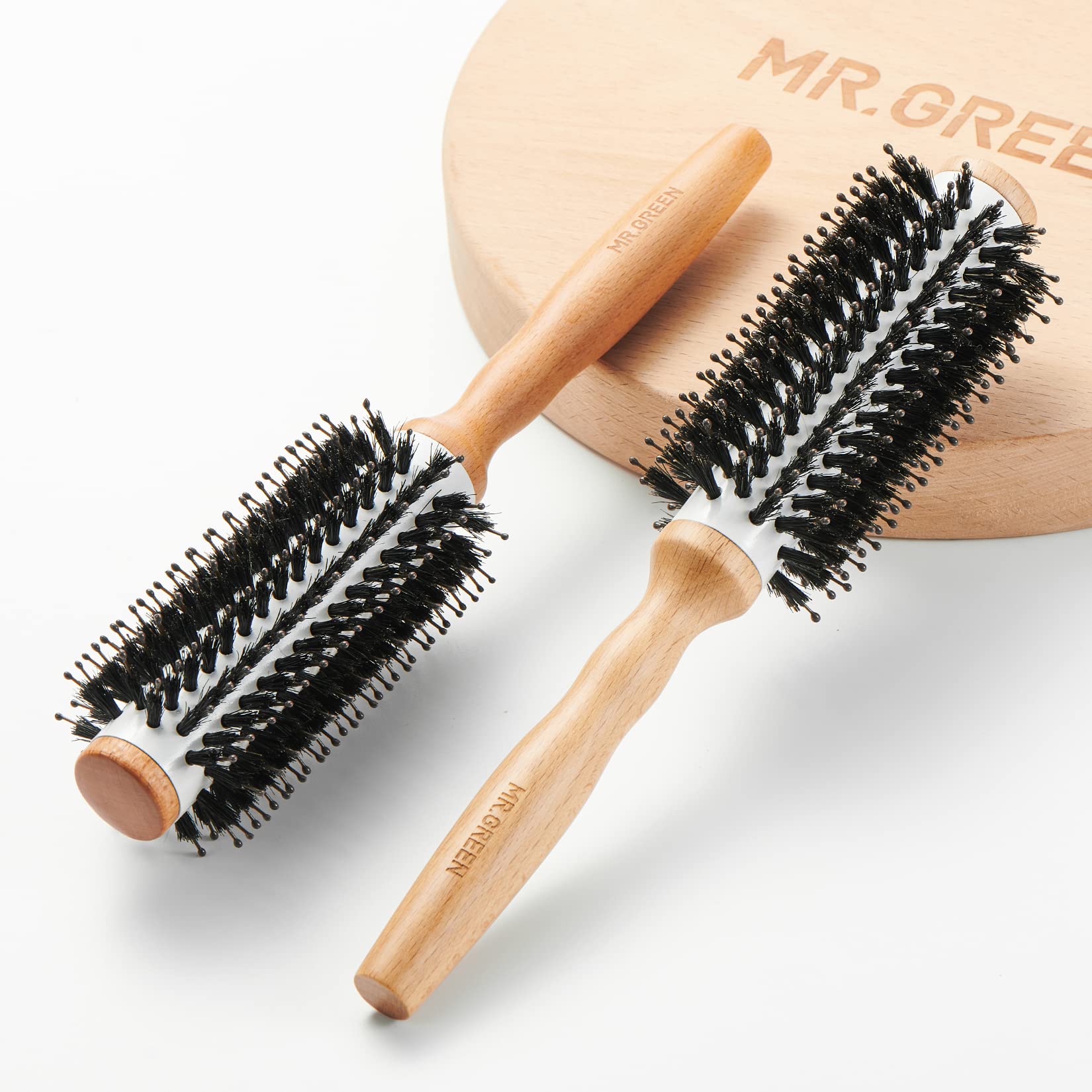 MR.GREEN Boar Bristles Hair Brush, Natural Beech Comb Detangling Round Comb for Blow Drying, Curling or Straightening for Women & Men