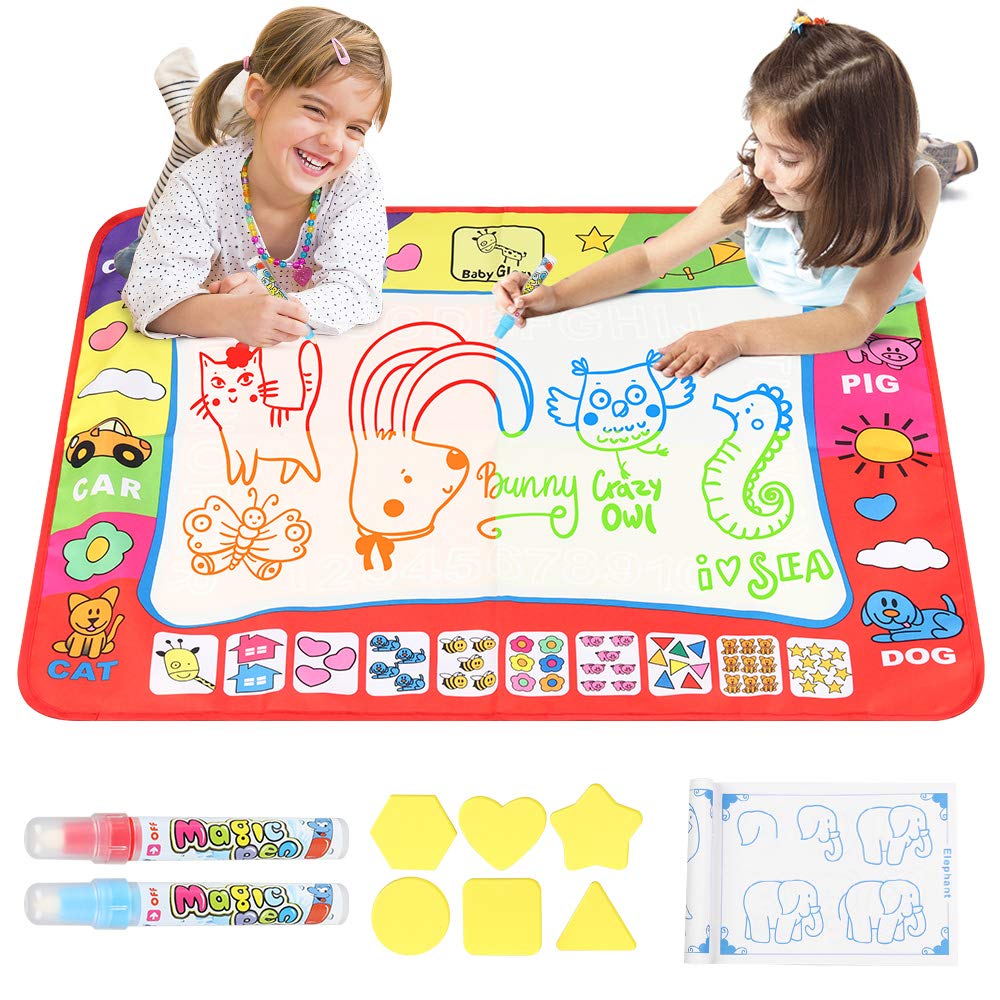 D-FantiX Kids Water Doodle Mat,Large Water Drawing Mat 4 Colors Writing Painting Toddlers Doodle Board Pad with 2 Magic Pen for Girls Boys Educational Gift 31.4 x 23.6in