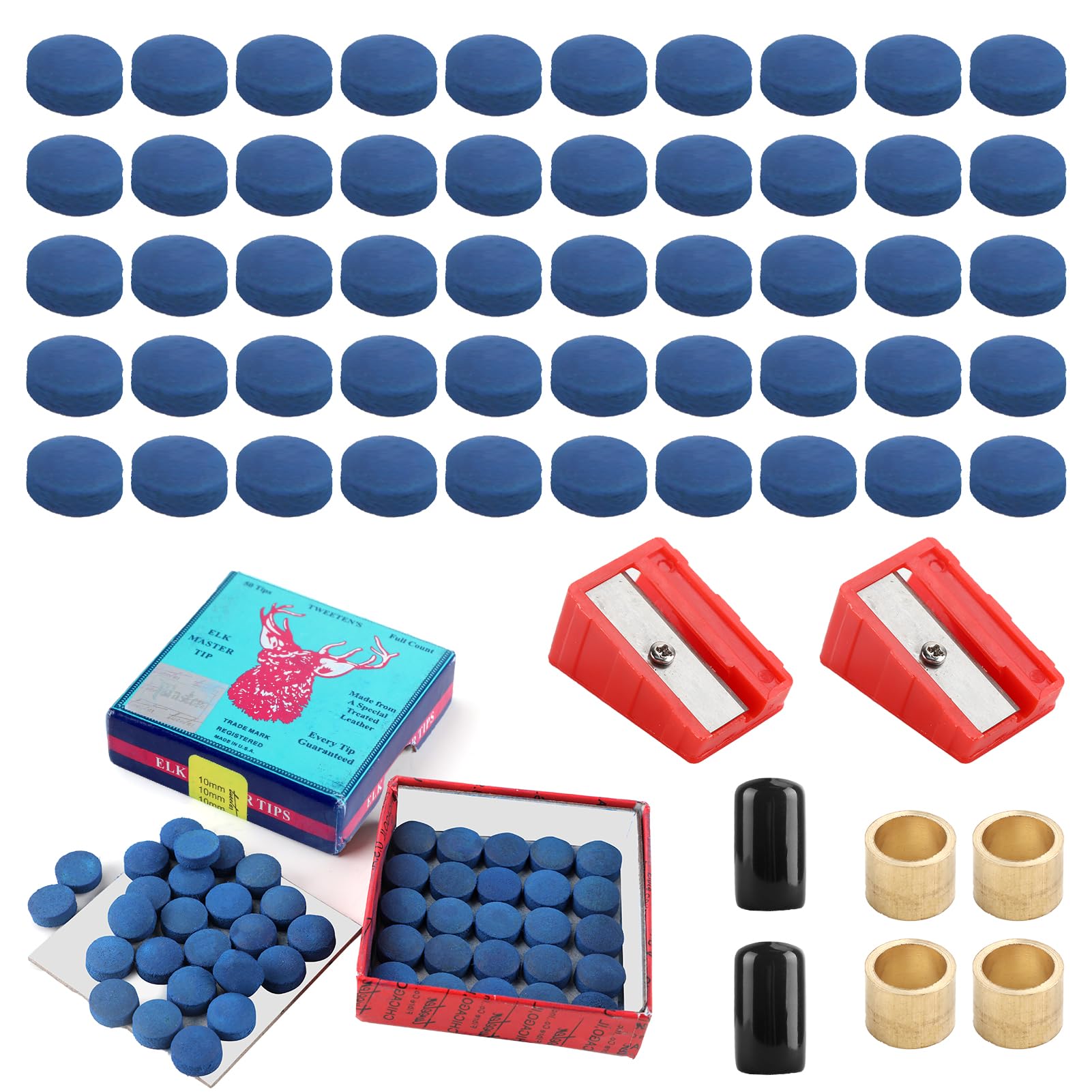 58PCS Snooker Cue Trim Kit, 10mm/9mm Leather Cue Tips, 2PCS Pool Cue Tip Sander, 4PCS Cue Tip Trimmer, Rubber Snooker Tips, 2PCS Cue Tip Ferrules Replacement Billiard Cue Repair Tool with Storage Box
