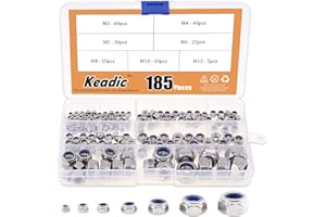 Keadic 185Pcs 304 Stainless Steel Metric Nylon Insert Lock Nut Assortment Kit - 7 Sizes: M3 M4 M5 M6 M8 M10 M12