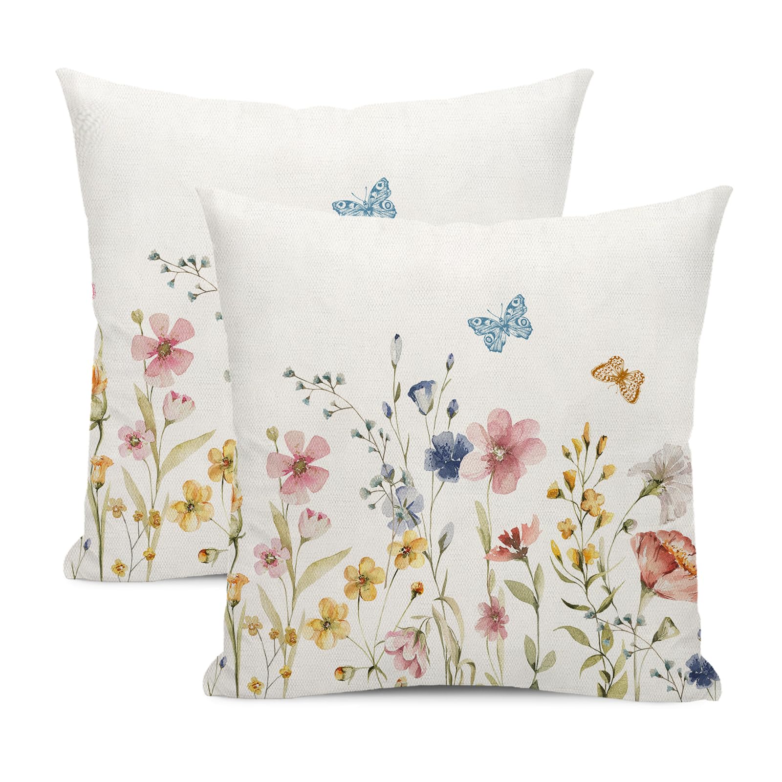 GOLIANDA Spring Pillow Covers 18x18 Set of 2, Watercolor Flowers Leaves Butterfly Decor Farmhouse Throw Pillows Summer Spring Decorations Floral Pillowcase Square Outdoor Cushion Case for Couch Home