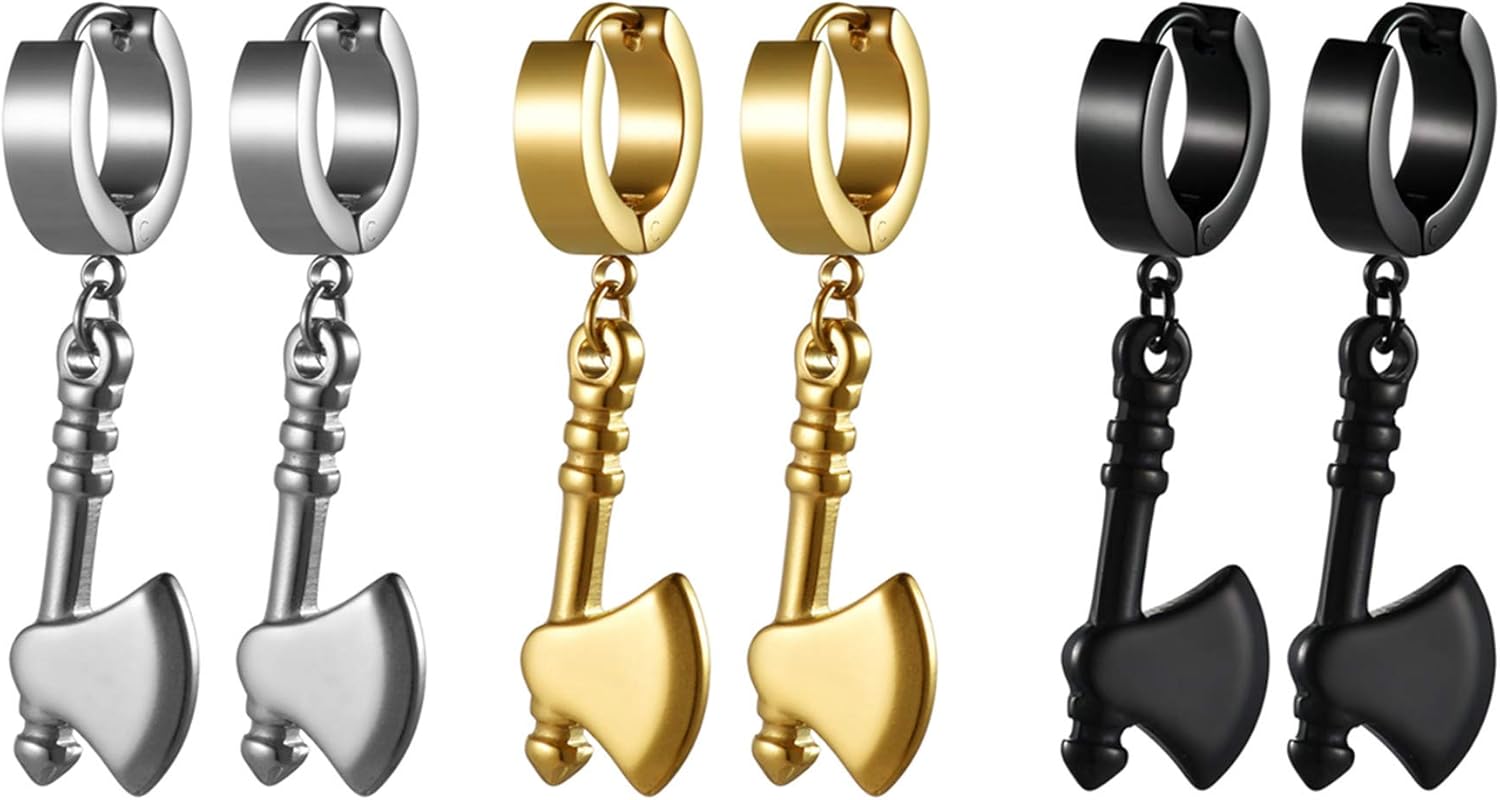JewelryWe 3Pairs Unique Axe Earrings Fashion Trend Stainless Steel