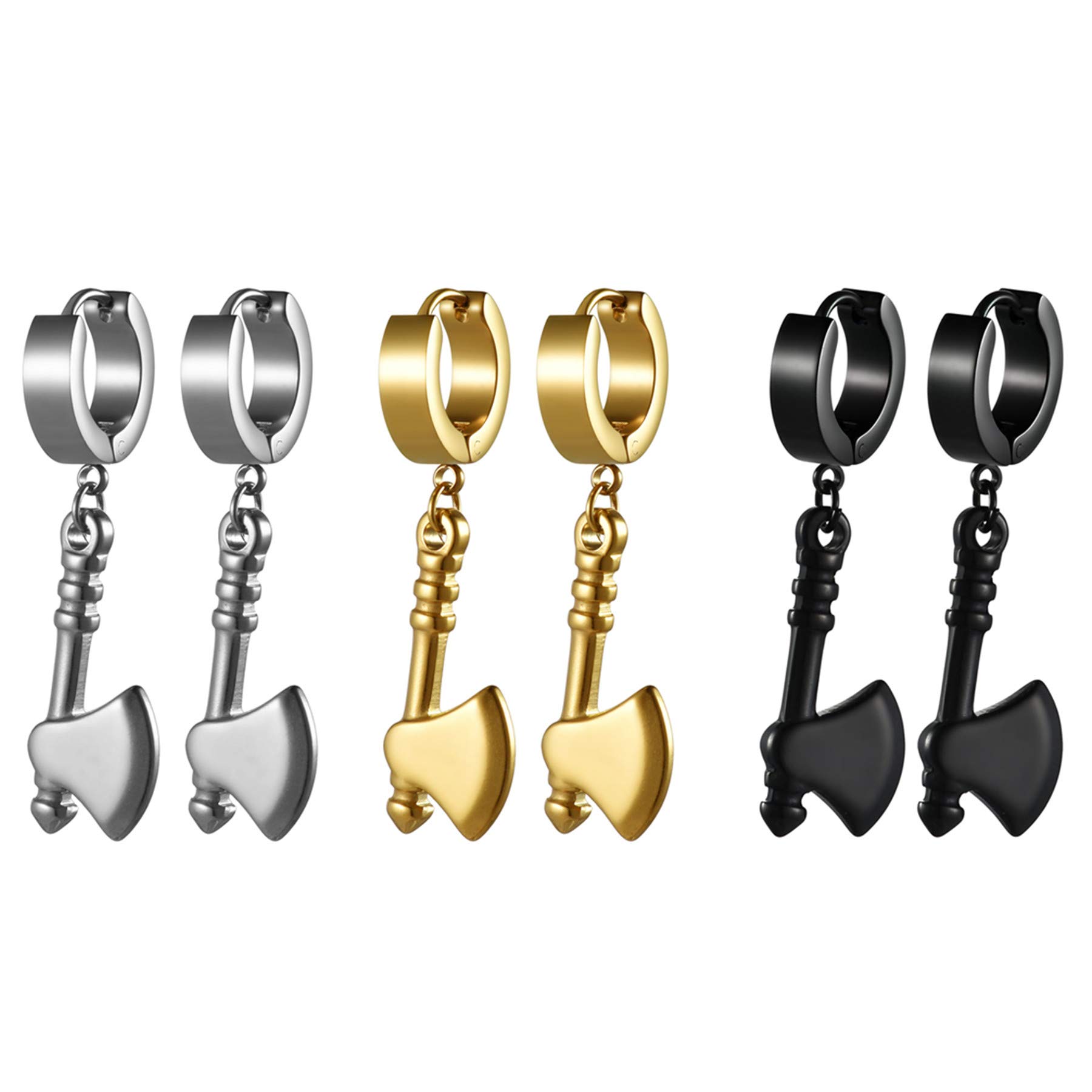 JewelryWe 3Pairs Unique Axe Earrings Fashion Trend Stainless Steel Hatchet Dangling Stud Earrings Set for Men Women