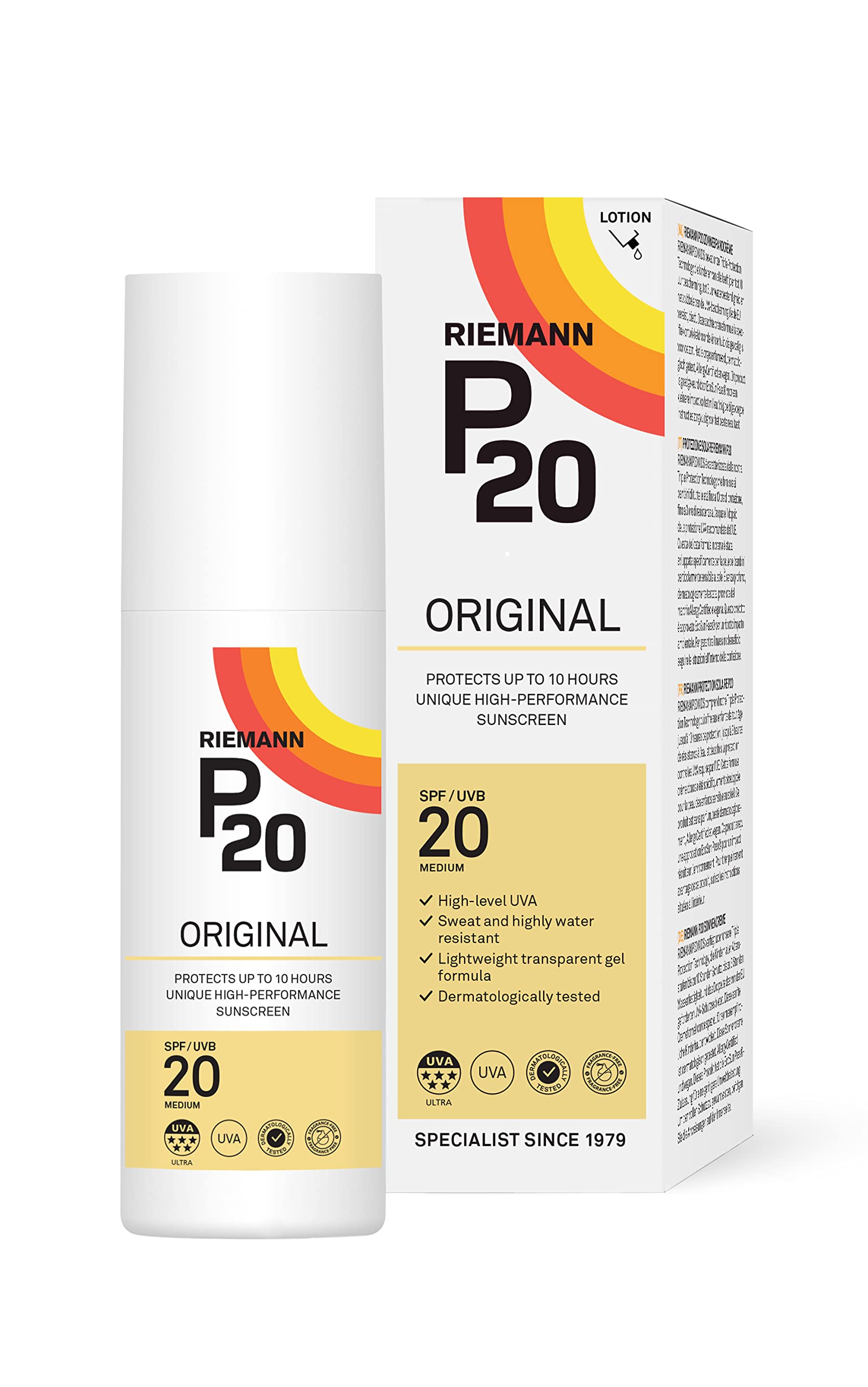 RIEMANN P20 Original SPF20 Lotion 100ml, Advanced Sunscreen Protection, High Performance, Triple Protection + Sweat Resistance, Protects up to 10 Hours, Very Water Resistant, Medium Level UVA