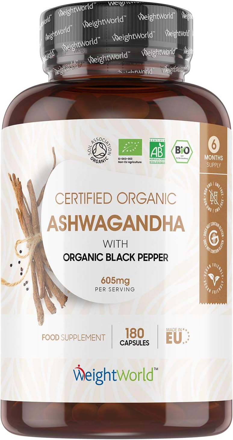 Organic Ashwagandha Capsules, 180 Capsules (6 Months Supply), with Organic Black Pepper, 1 per Day
