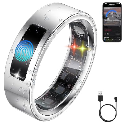 uaue Smart Health Ring for Women Men, Vibration Alert, Touch Control, Fitness Tracker Ring with Sleep/Women's Health/Heart Rate/Steps, IP68 Waterproof for iPhone and Android, Silver 10,No Subscription