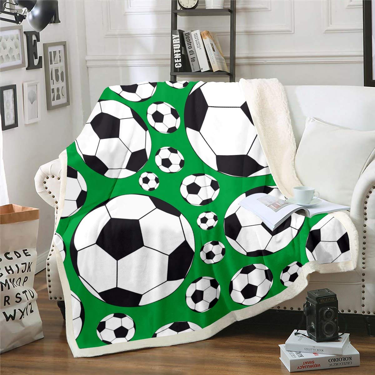 Boys Football Printed Sherpa Throw Blanket Sports Theme Fleece Blanket Black White Soccer Ball Pattern Warm Plush Blanket for Sofa Couch Microfiber Green Competitive Games Fuzzy Blanket King 87"*94"