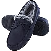 DL Men's Moccasin Slippers - Indoor & Outdoor, Suede Mens House Slippers with Memory Foam, Faux Fur Lining, Non Slip Outsole